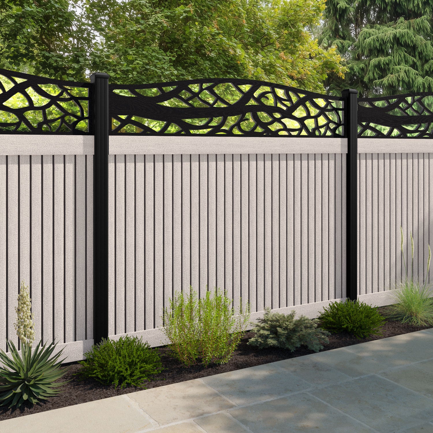 Virtis Twilight Curved Top Fence Panel - Mid Stone - with our composite posts