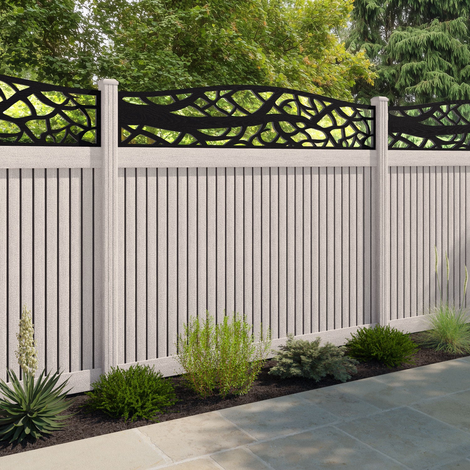 Virtis Twilight Curved Top Fence Panel - Mid Stone - with our composite posts
