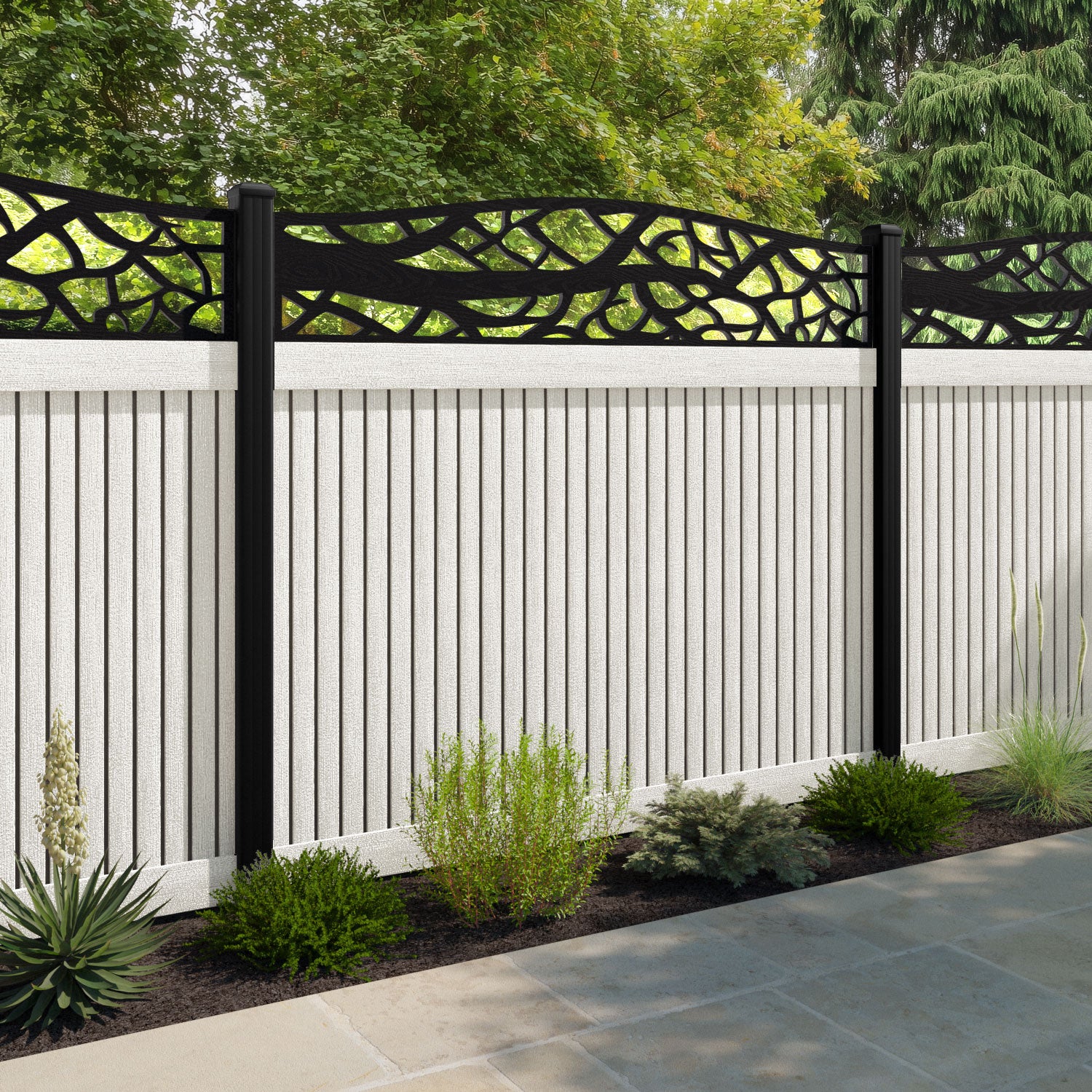 Virtis Twilight Curved Top Fence Panel - Light Stone - with our composite posts