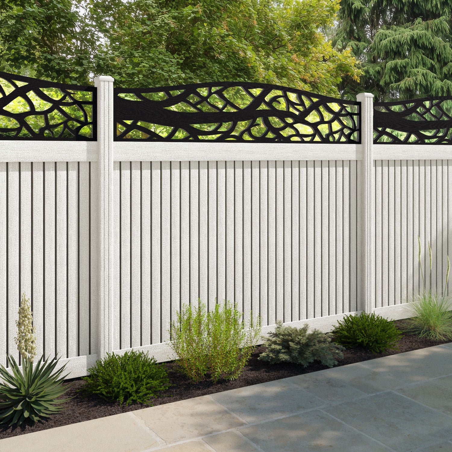 Virtis Twilight Curved Top Fence Panel - Light Stone - with our composite posts