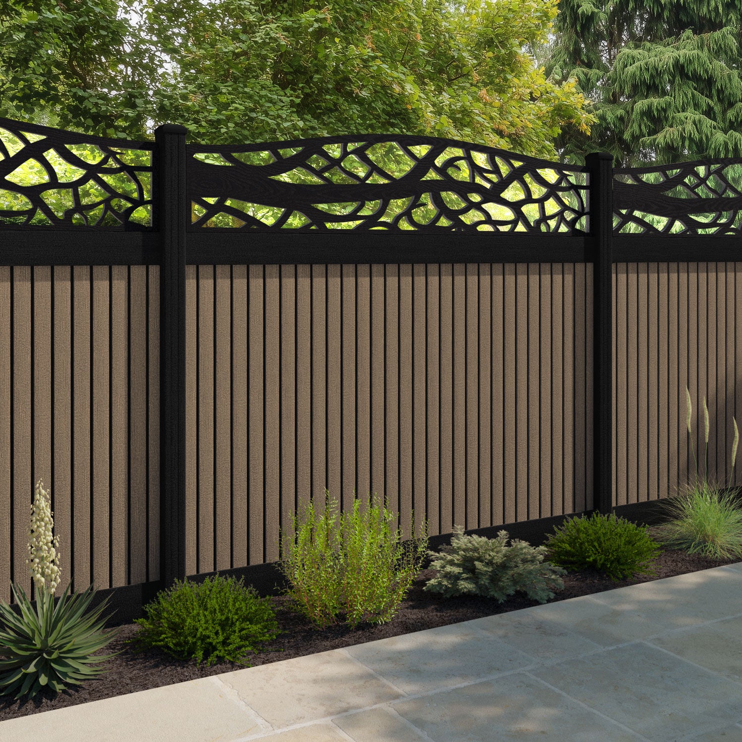 Virtis Twilight Curved Top Fence Panel - Teak - with our aluminium posts