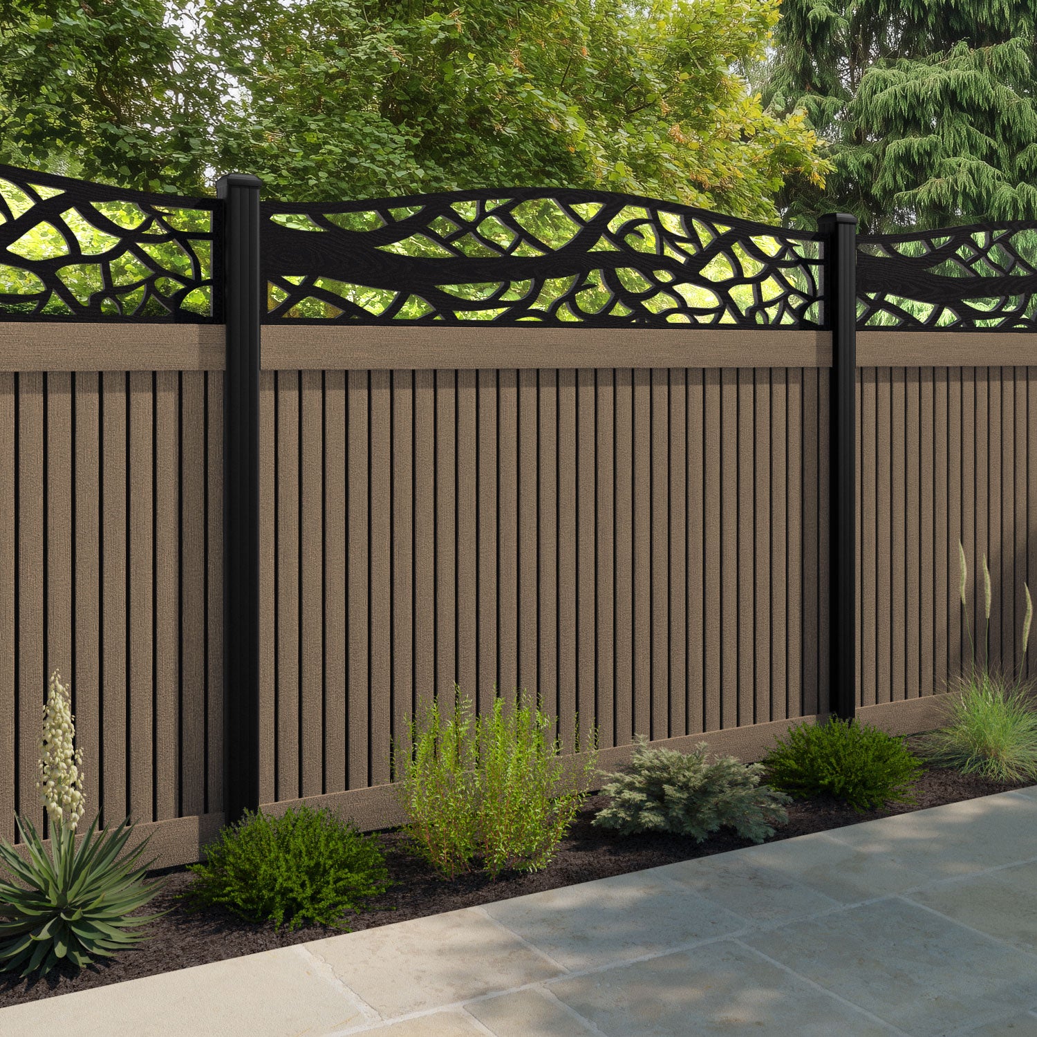 Virtis Twilight Curved Top Fence Panel - Teak - with our composite posts