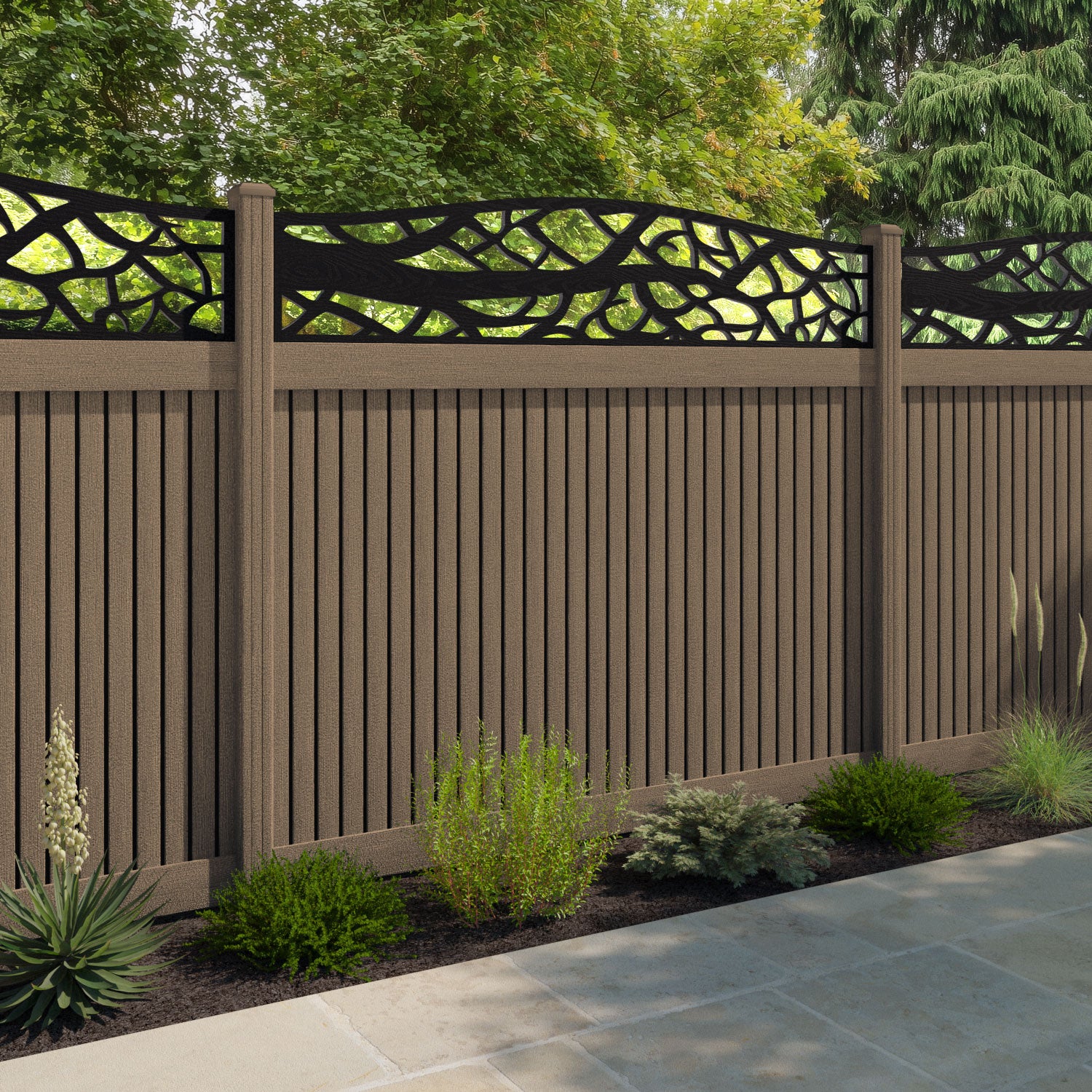 Virtis Twilight Curved Top Fence Panel - Teak - with our composite posts