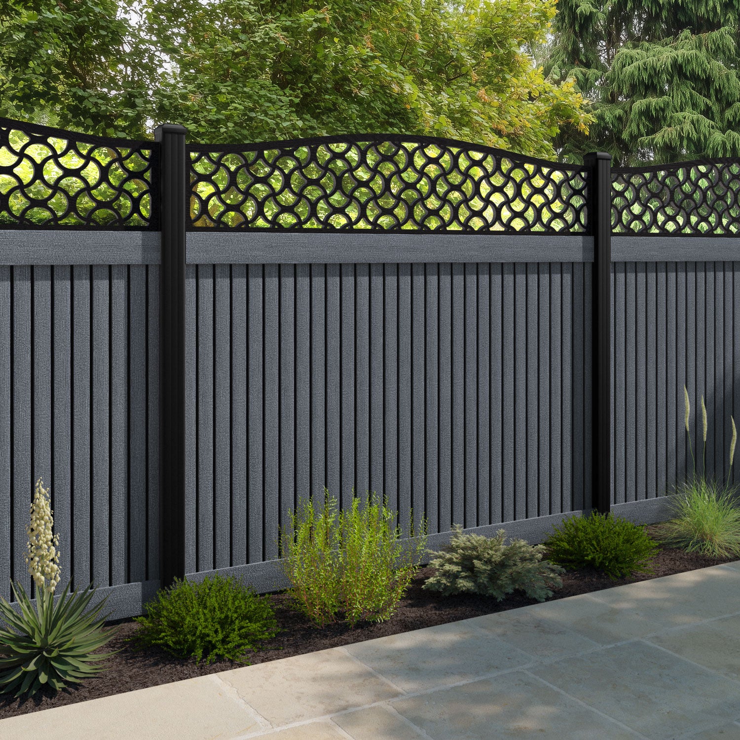 Virtis Vida Curved Top Fence Panel - Anthracite - with our composite posts