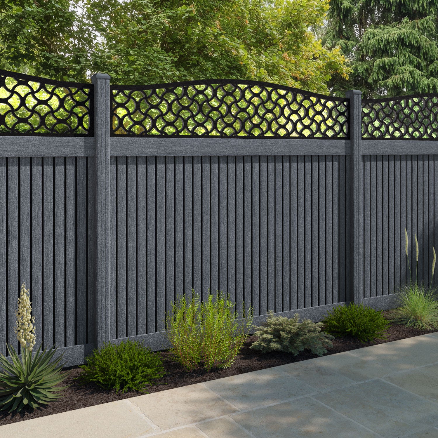 Virtis Vida Curved Top Fence Panel - Anthracite - with our composite posts
