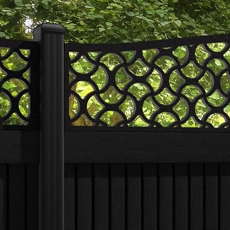 Virtis Vida Curved Top Fence Panel - Black - with our aluminium posts