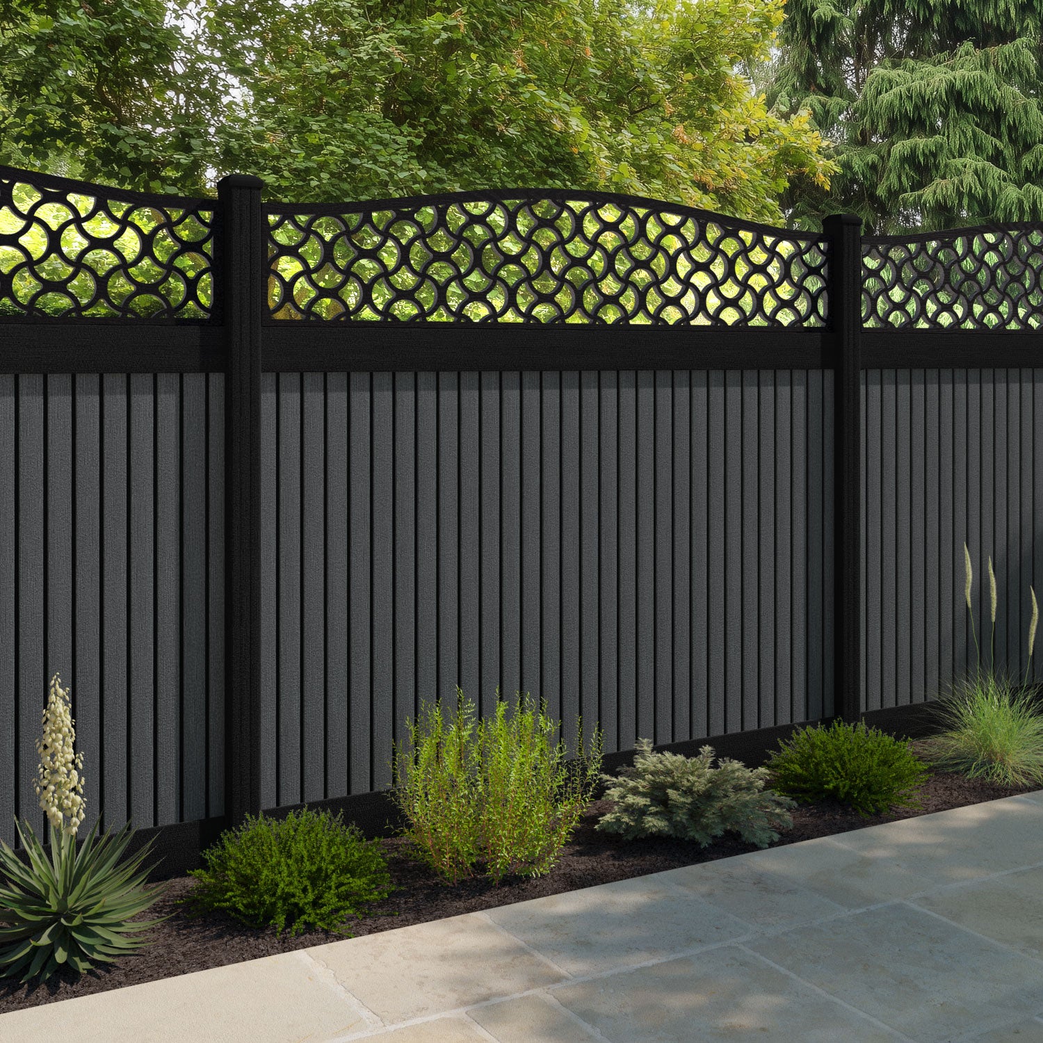 Virtis Vida Curved Top Fence Panel - Dark Grey - with our composite posts