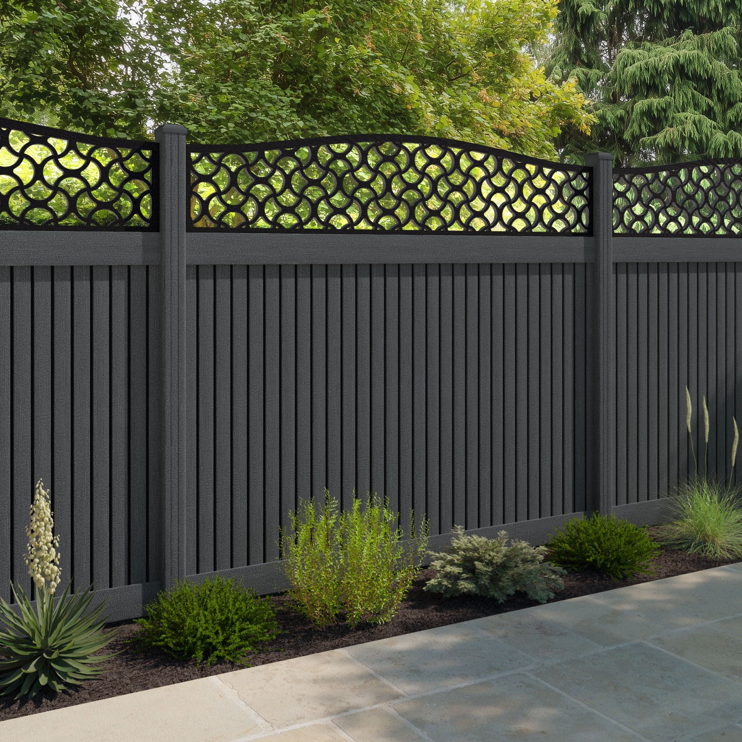 Virtis Vida Curved Top Fence Panel - Dark Grey - with our composite posts