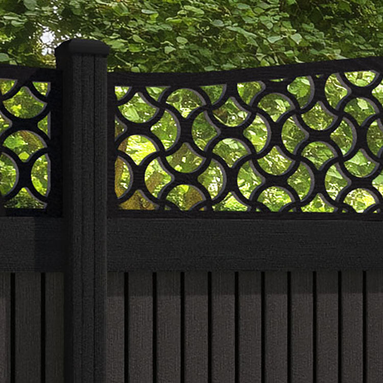 Virtis Vida Curved Top Fence Panel - Dark Oak - with our aluminium posts
