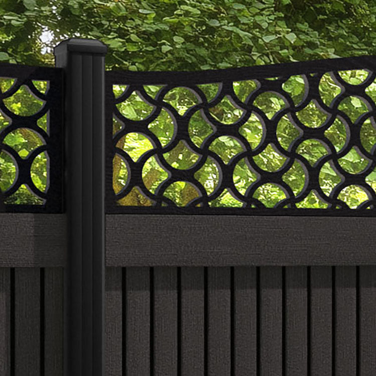 Virtis Vida Curved Top Fence Panel - Dark Oak - with our aluminium posts