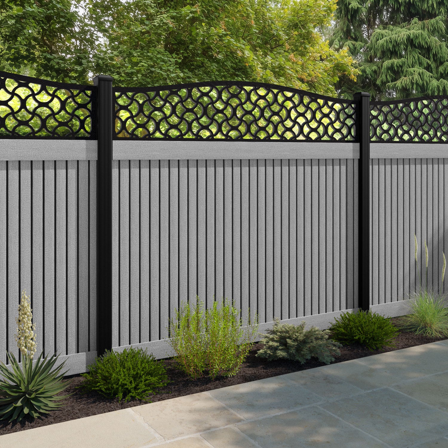 Virtis Vida Curved Top Fence Panel - Light Grey - with our composite posts