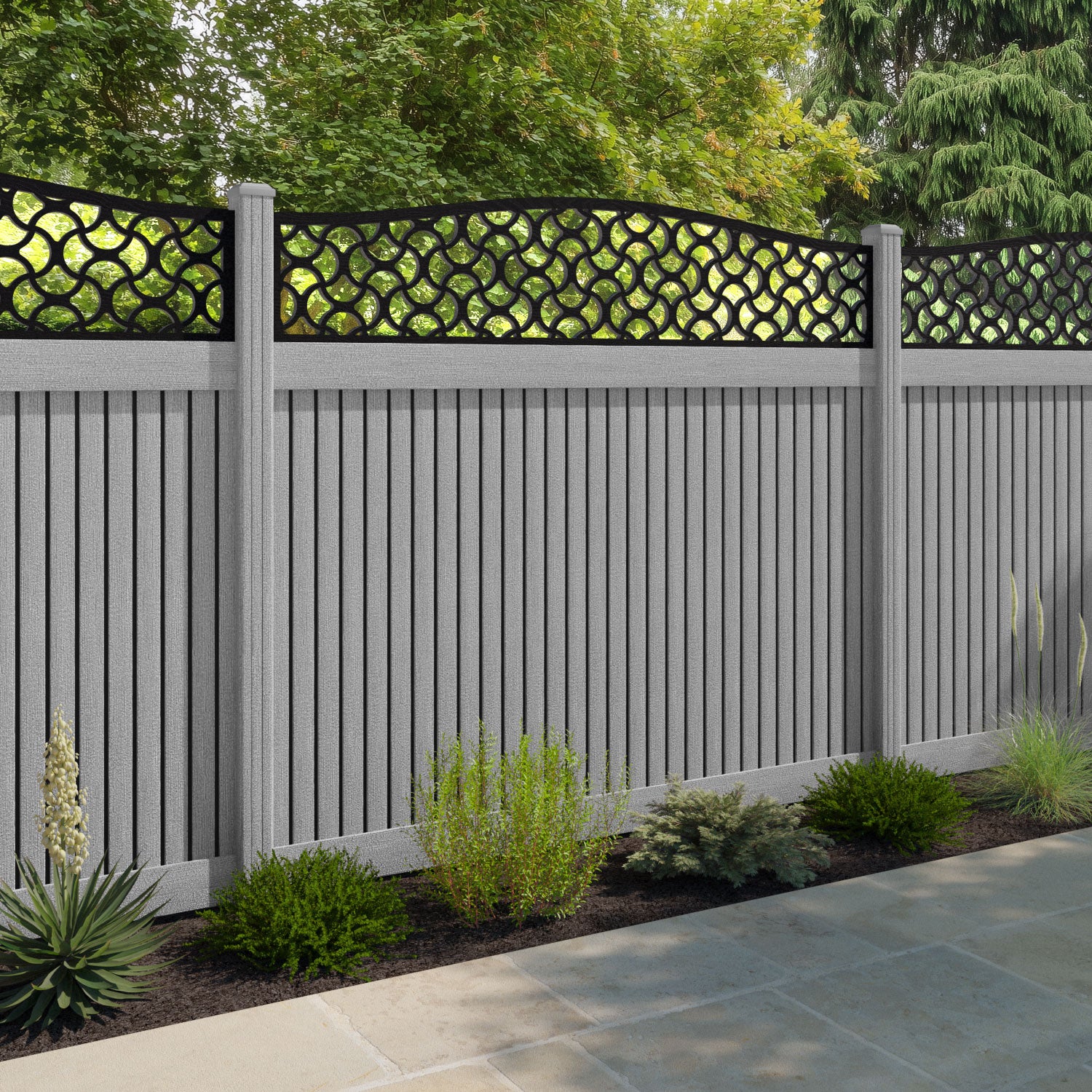 Virtis Vida Curved Top Fence Panel - Light Grey - with our composite posts