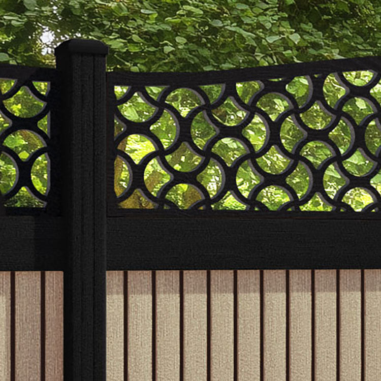 Virtis Vida Curved Top Fence Panel - Light Oak - with our aluminium posts