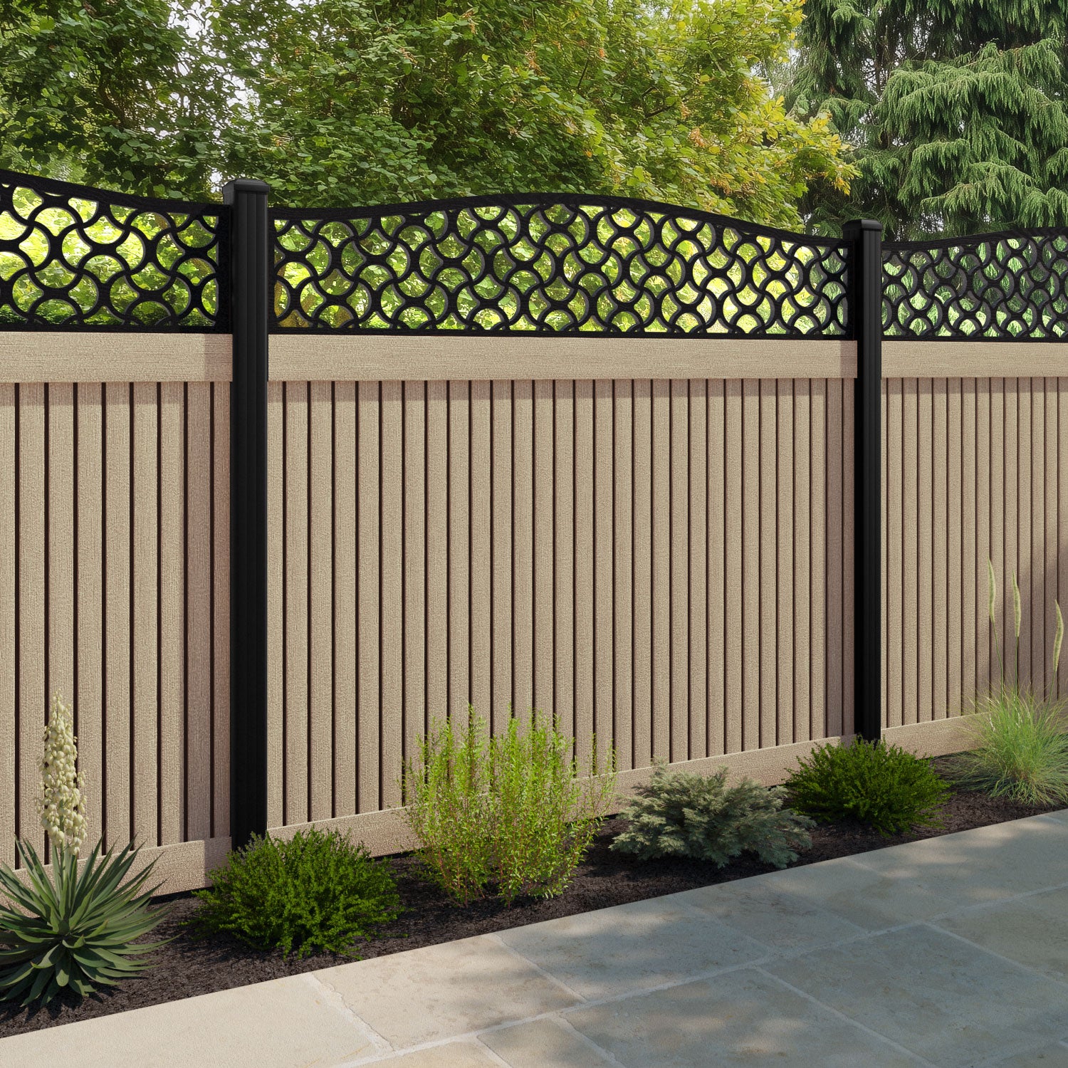 Virtis Vida Curved Top Fence Panel - Light Oak - with our aluminium posts