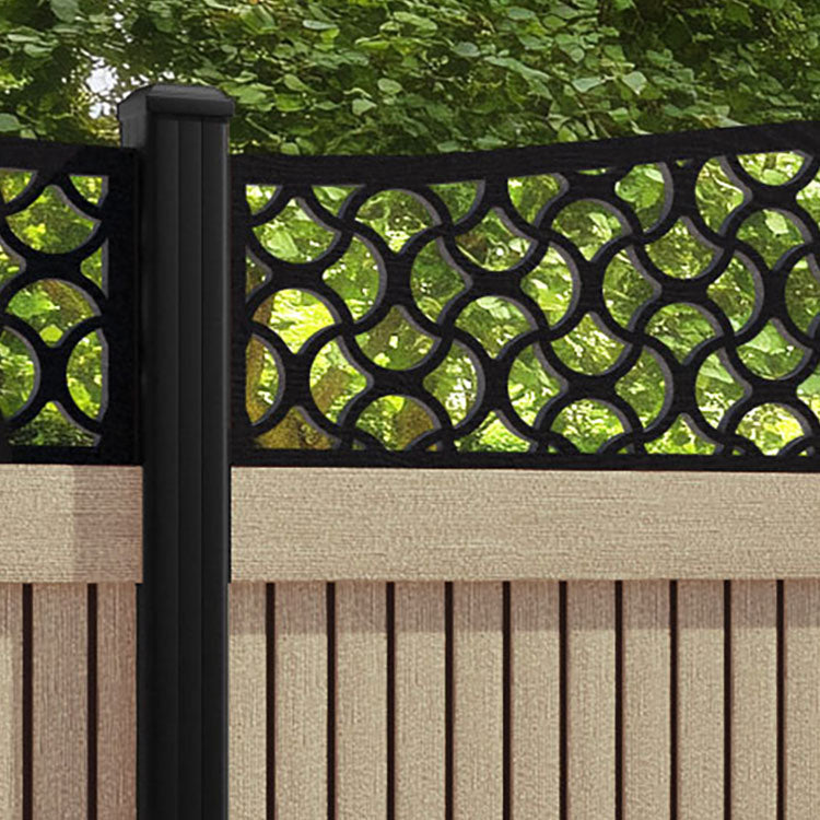 Virtis Vida Curved Top Fence Panel - Light Oak - with our aluminium posts