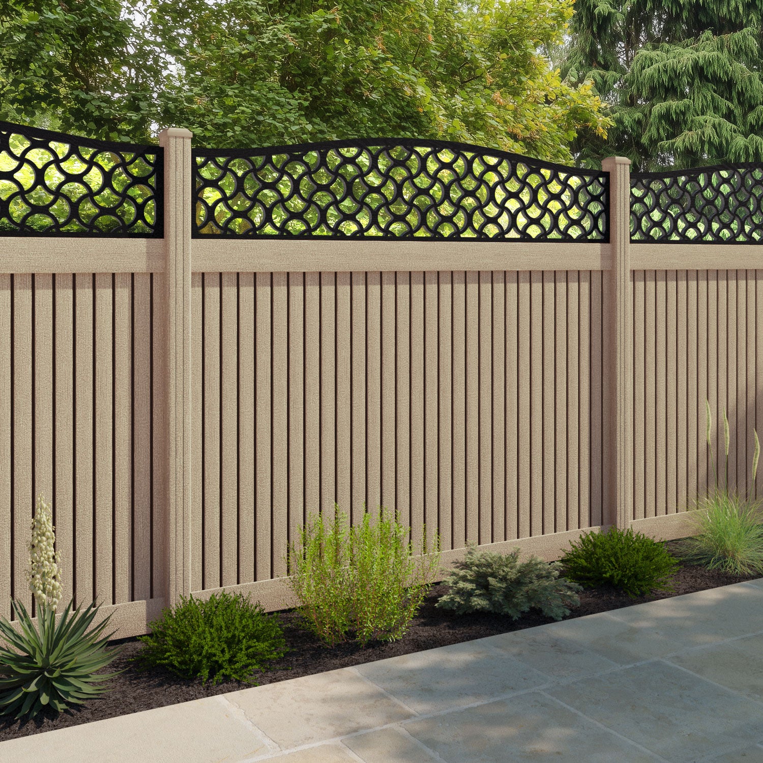 Virtis Vida Curved Top Fence Panel - Light Oak - with our composite posts