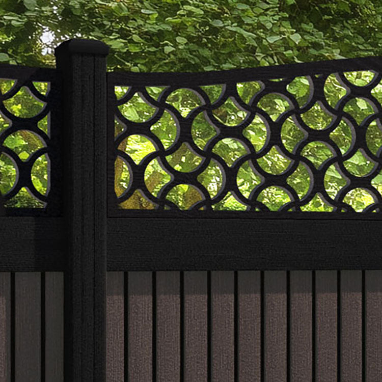 Virtis Vida Curved Top Fence Panel - Mid Brown - with our aluminium posts