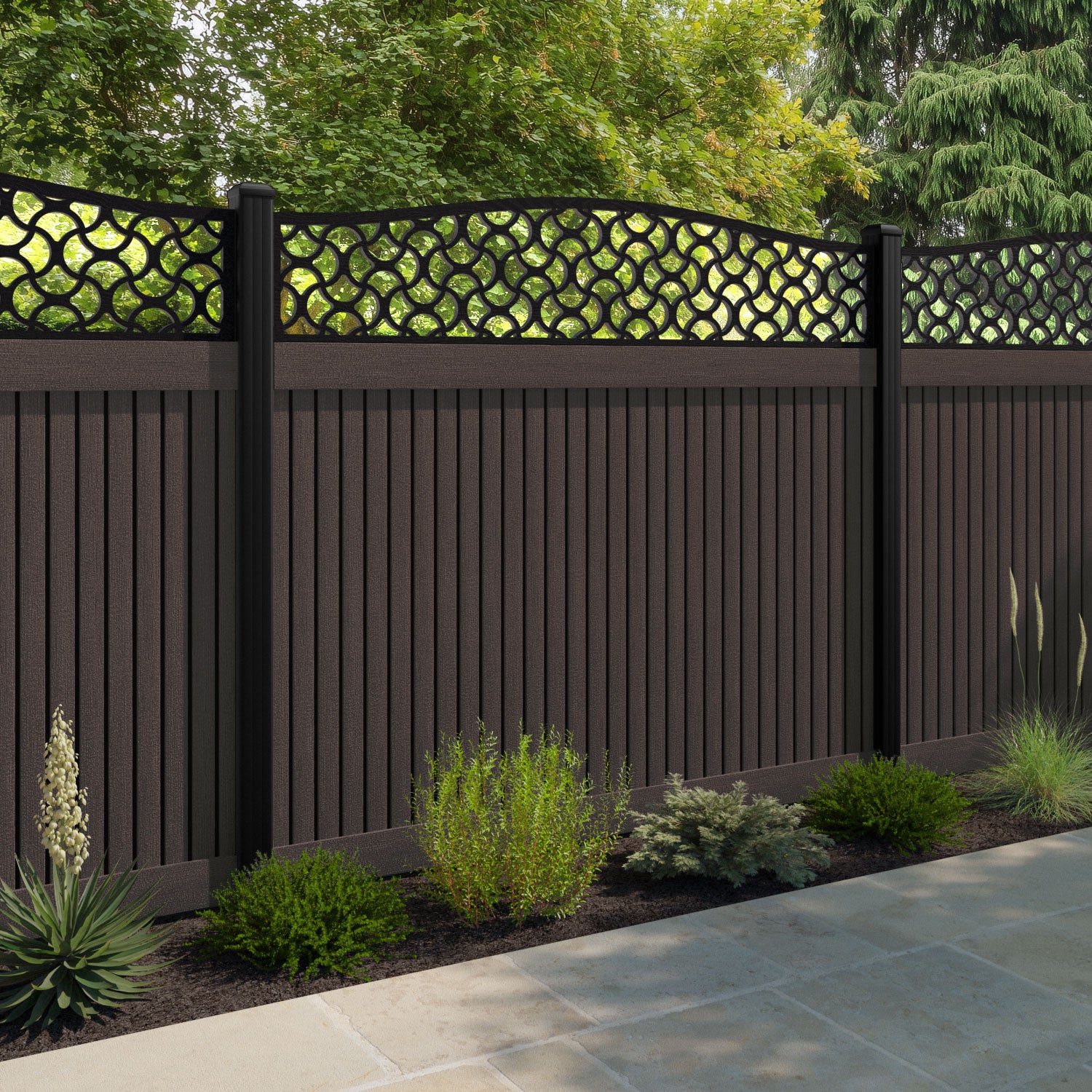 Virtis Vida Curved Top Fence Panel - Mid Brown - with our composite posts