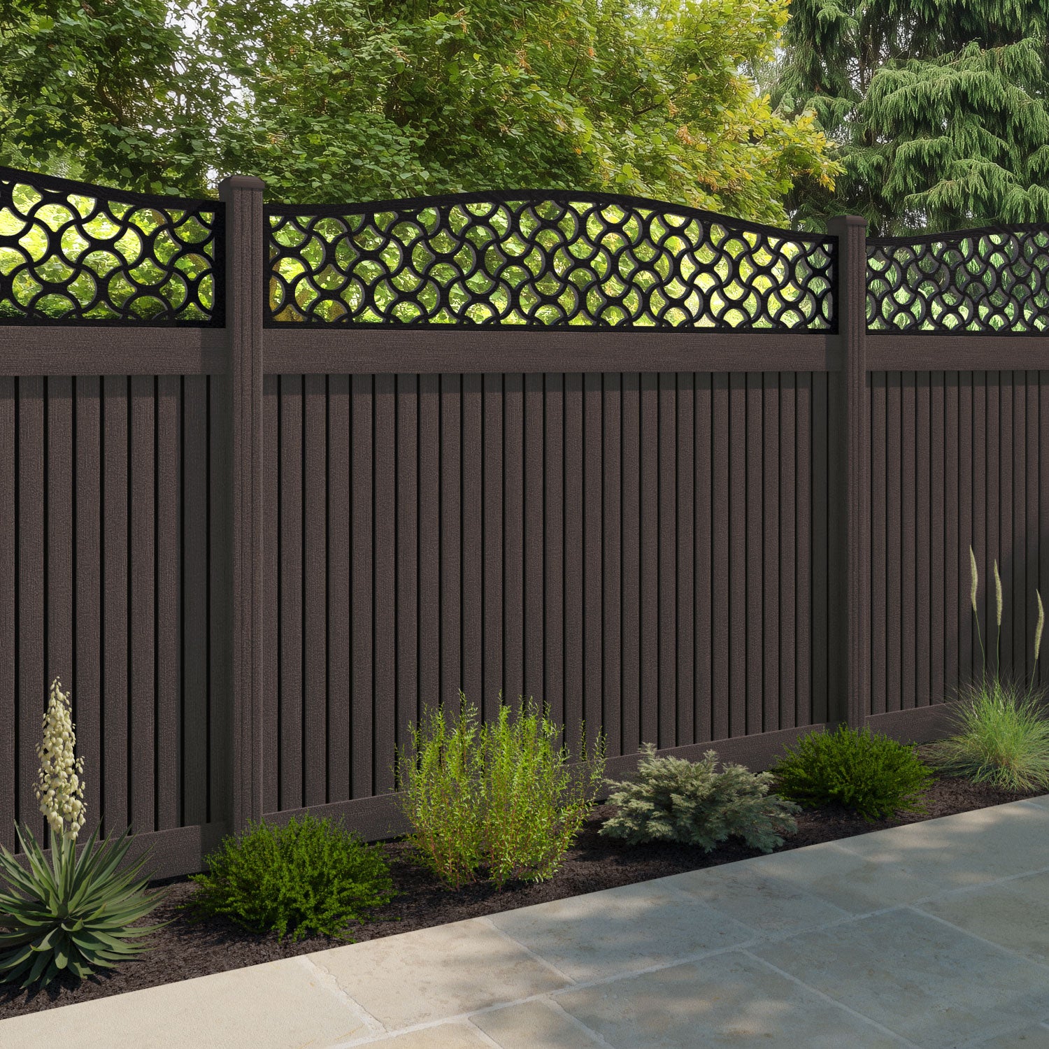 Virtis Vida Curved Top Fence Panel - Mid Brown - with our composite posts