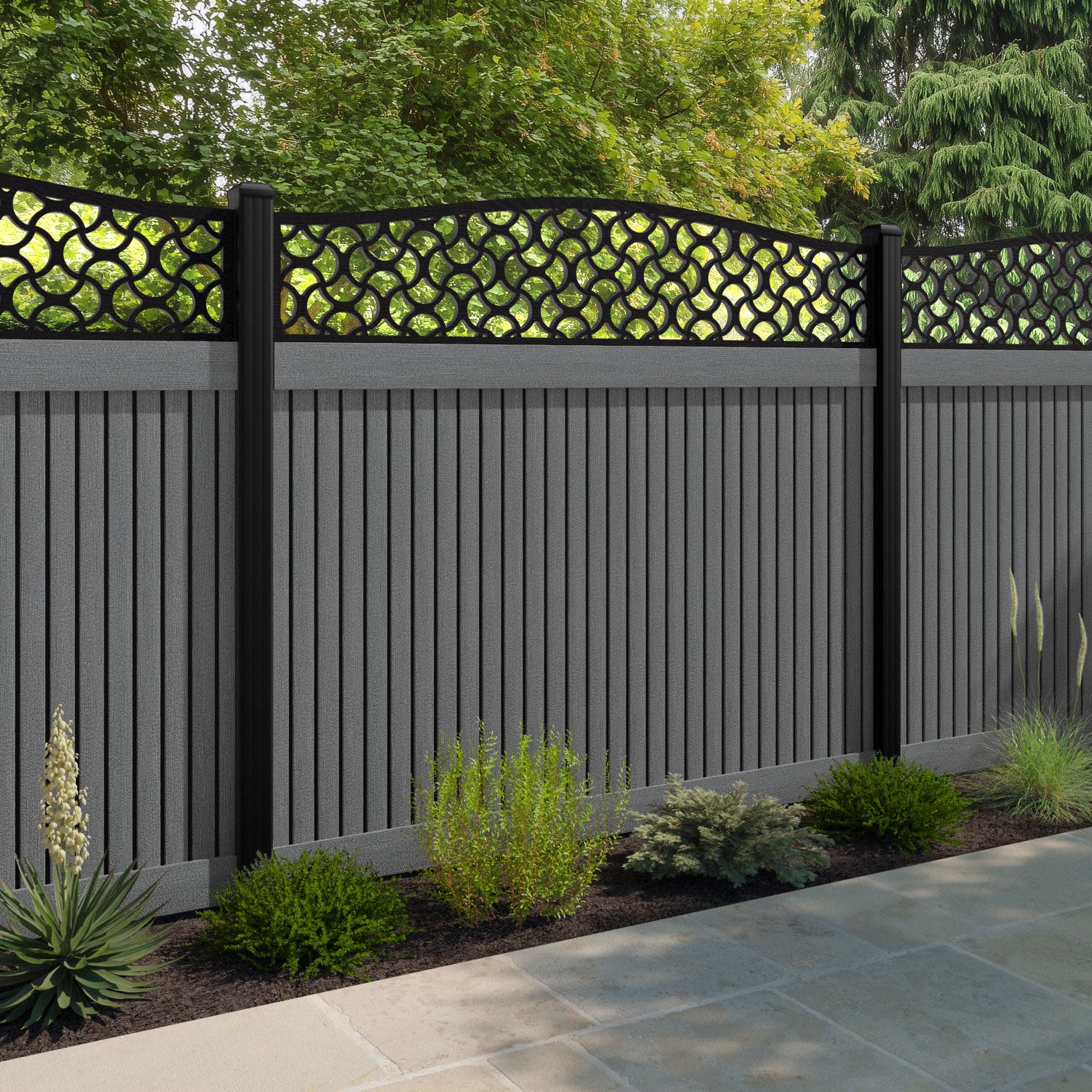 Virtis Vida Curved Top Fence Panel - Mid Grey - with our composite posts