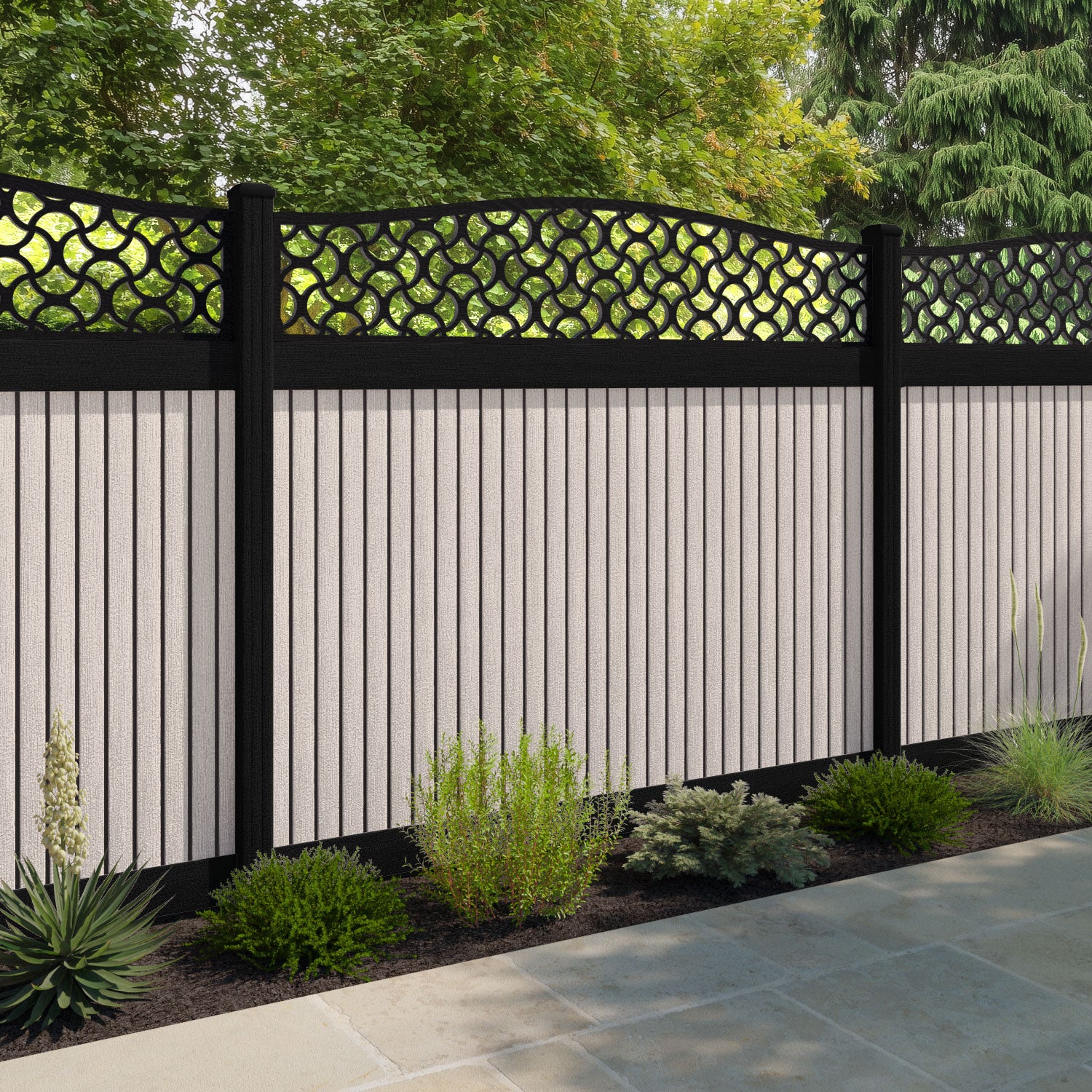 Virtis Vida Curved Top Fence Panel - Mid Stone - with our aluminium posts