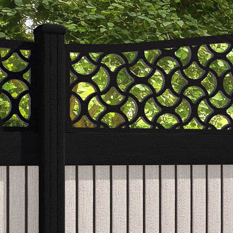 Virtis Vida Curved Top Fence Panel - Mid Stone - with our aluminium posts