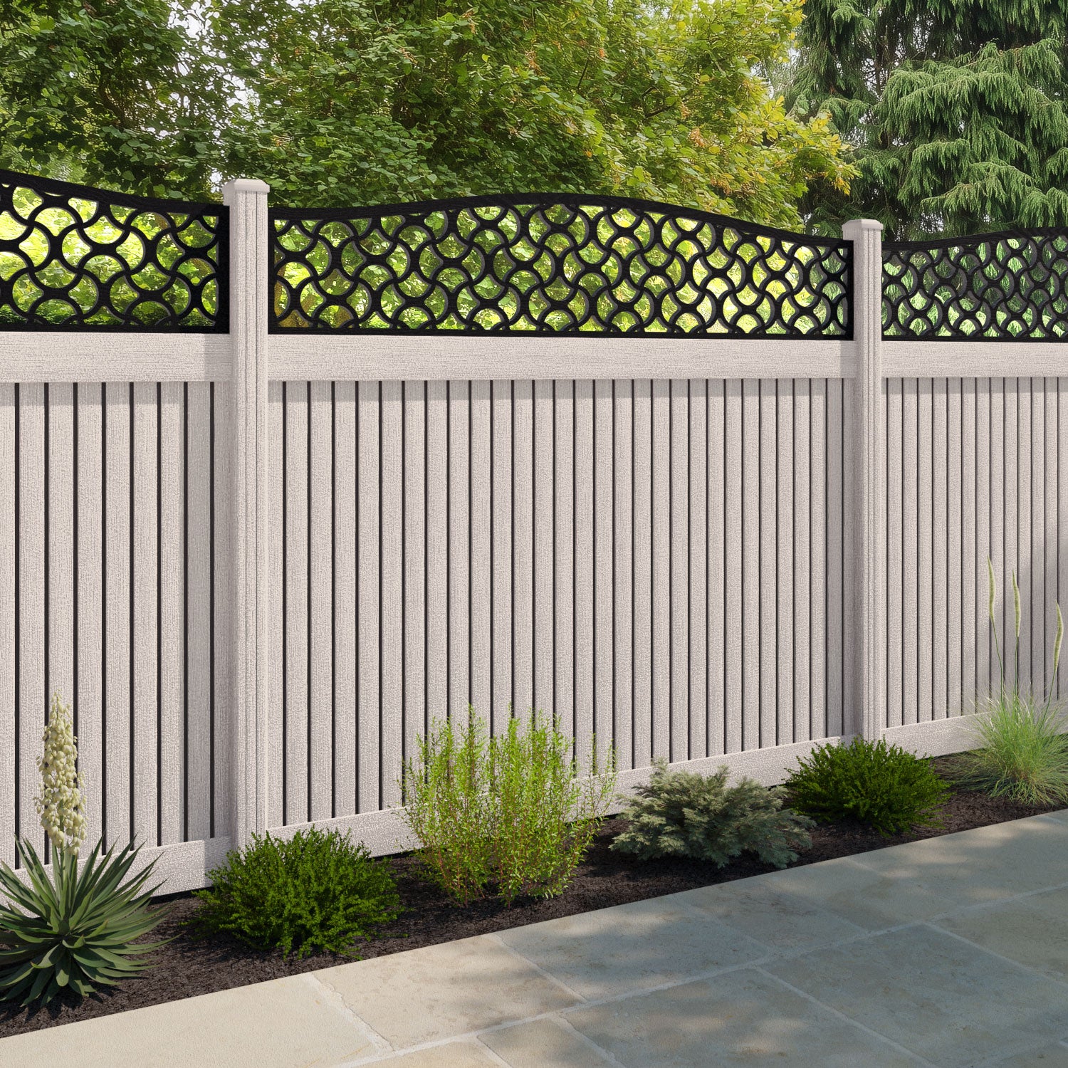 Virtis Vida Curved Top Fence Panel - Mid Stone - with our composite posts