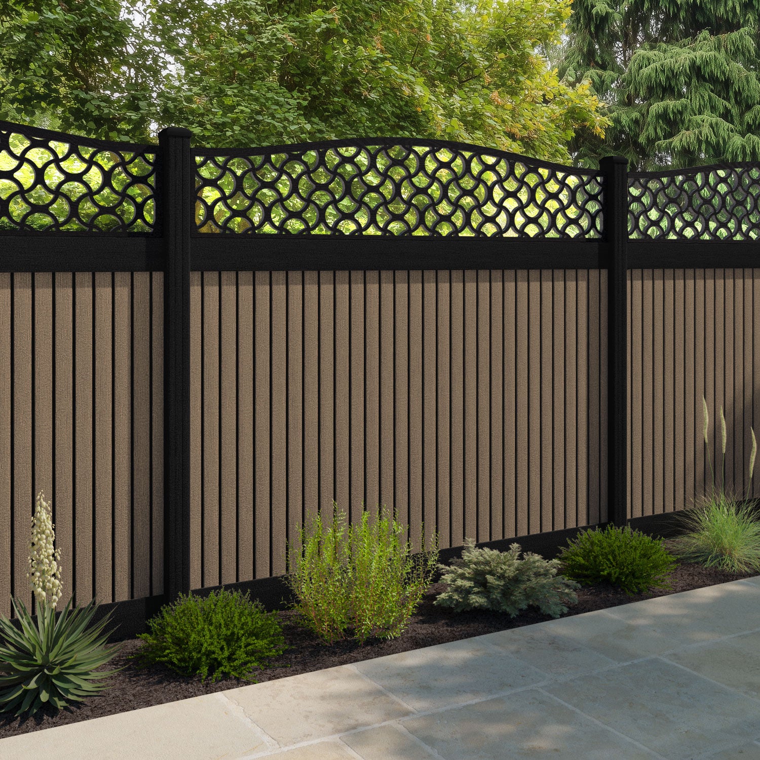 Virtis Vida Curved Top Fence Panel - Teak - with our aluminium posts