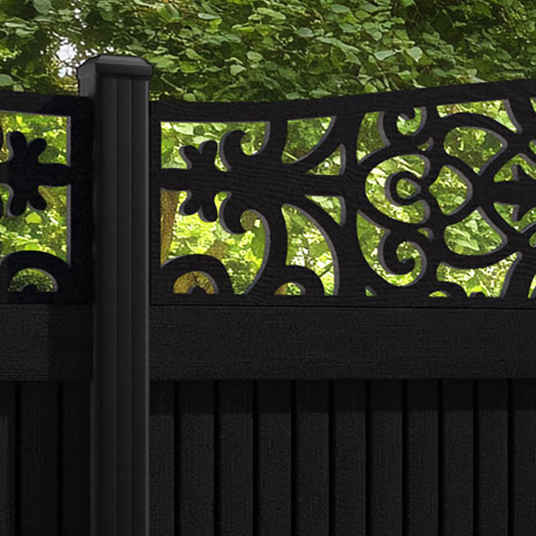 Virtis Windsor Curved Top Fence Panel - Black - with our aluminium posts