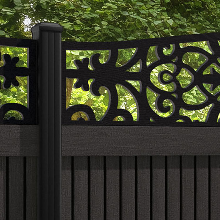 Virtis Windsor Curved Top Fence Panel - Dark Oak - with our aluminium posts