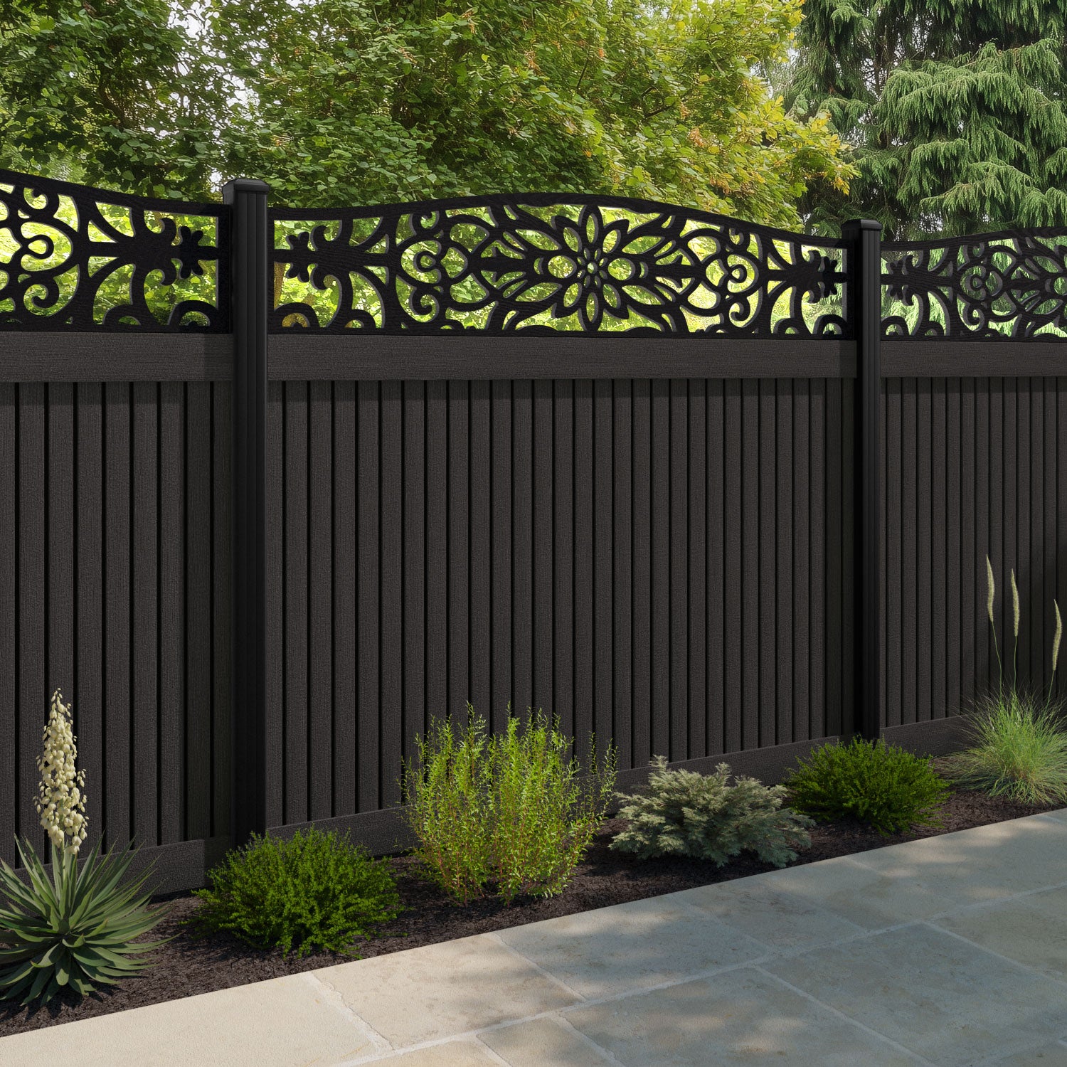 Virtis Windsor Curved Top Fence Panel - Dark Oak - with our composite posts