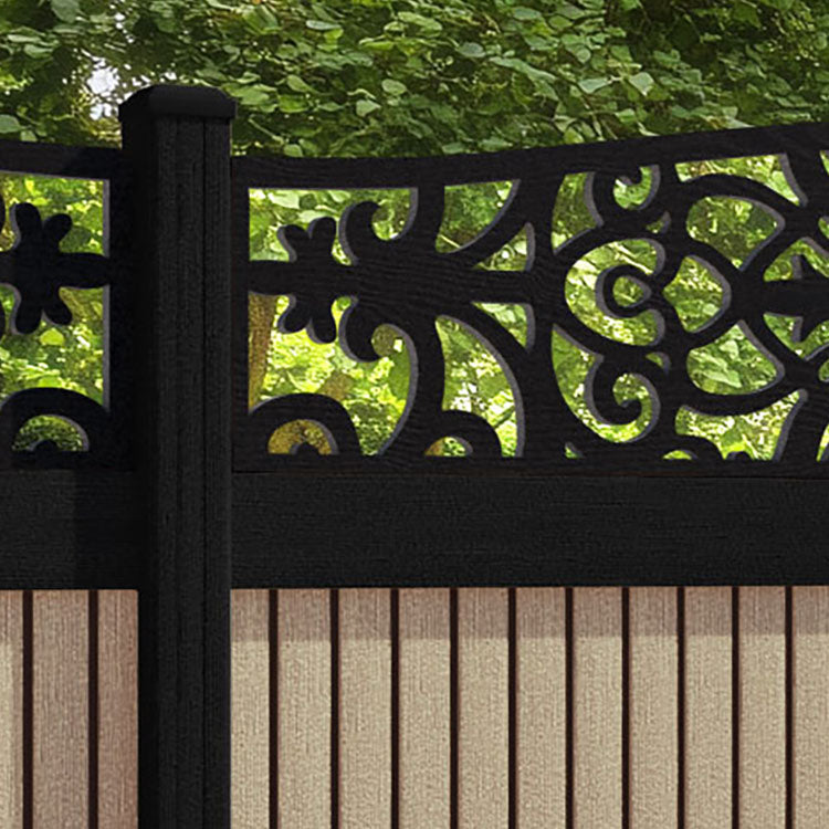 Virtis Windsor Curved Top Fence Panel - Light Oak - with our aluminium posts
