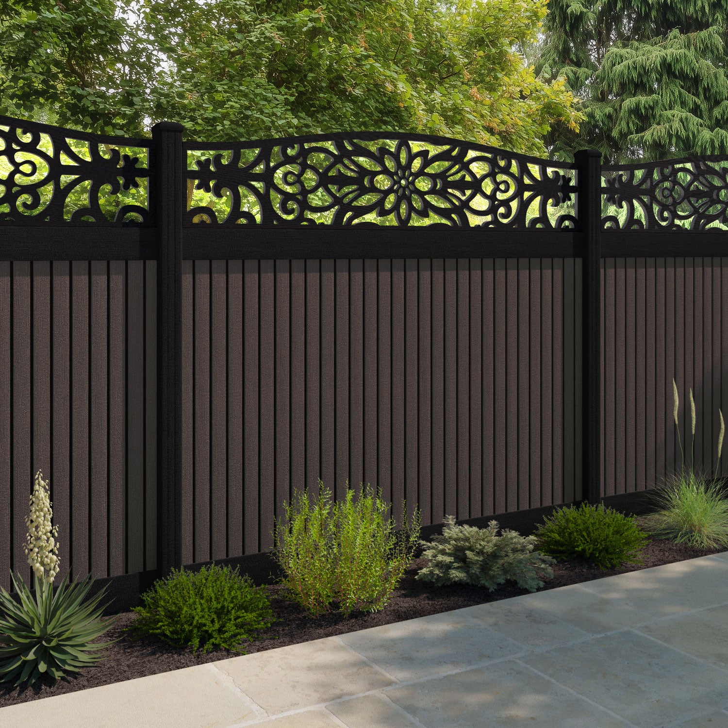 Virtis Windsor Curved Top Fence Panel - Mid Brown - with our aluminium posts