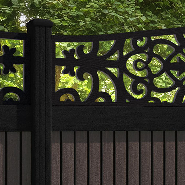 Virtis Windsor Curved Top Fence Panel - Mid Brown - with our aluminium posts