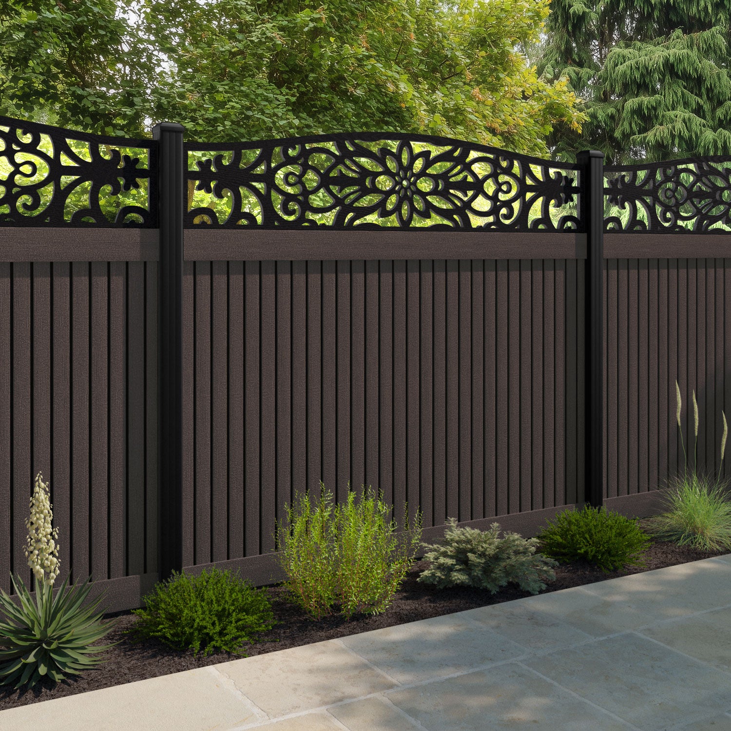 Virtis Windsor Curved Top Fence Panel - Mid Brown - with our aluminium posts
