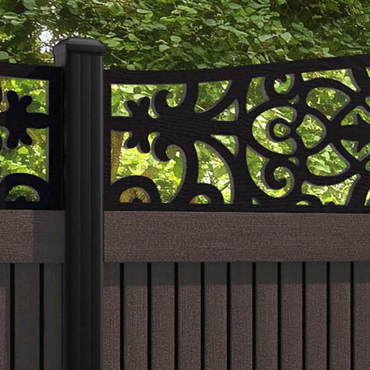 Virtis Windsor Curved Top Fence Panel - Mid Brown - with our aluminium posts