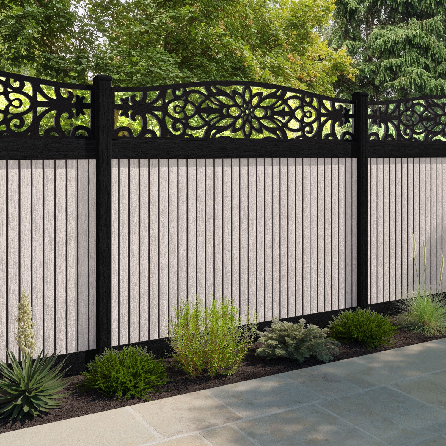 Virtis Windsor Curved Top Fence Panel - Mid Stone - with our composite posts
