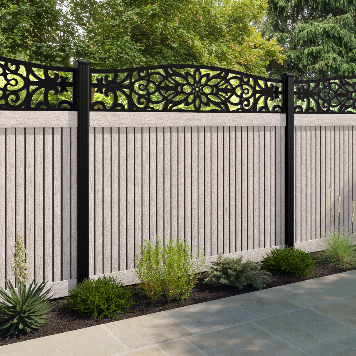 Virtis Windsor Curved Top Fence Panel - Mid Stone - with our aluminium posts