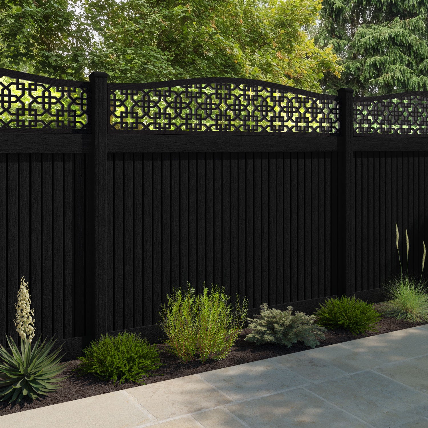 Virtis Zaria Curved Top Fence Panel - Black - with our composite posts