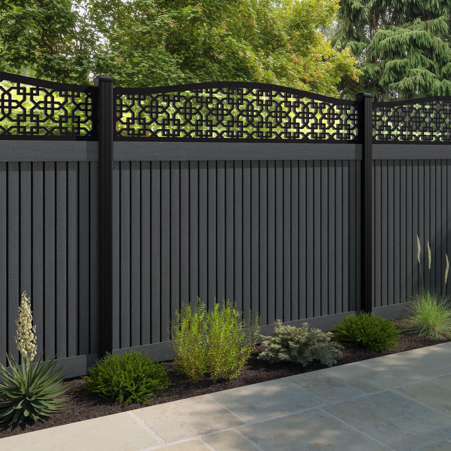 Virtis Zaria Curved Top Fence Panel - Dark Grey - with our composite posts