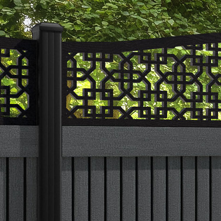 Virtis Zaria Curved Top Fence Panel - Dark Grey - with our aluminium posts
