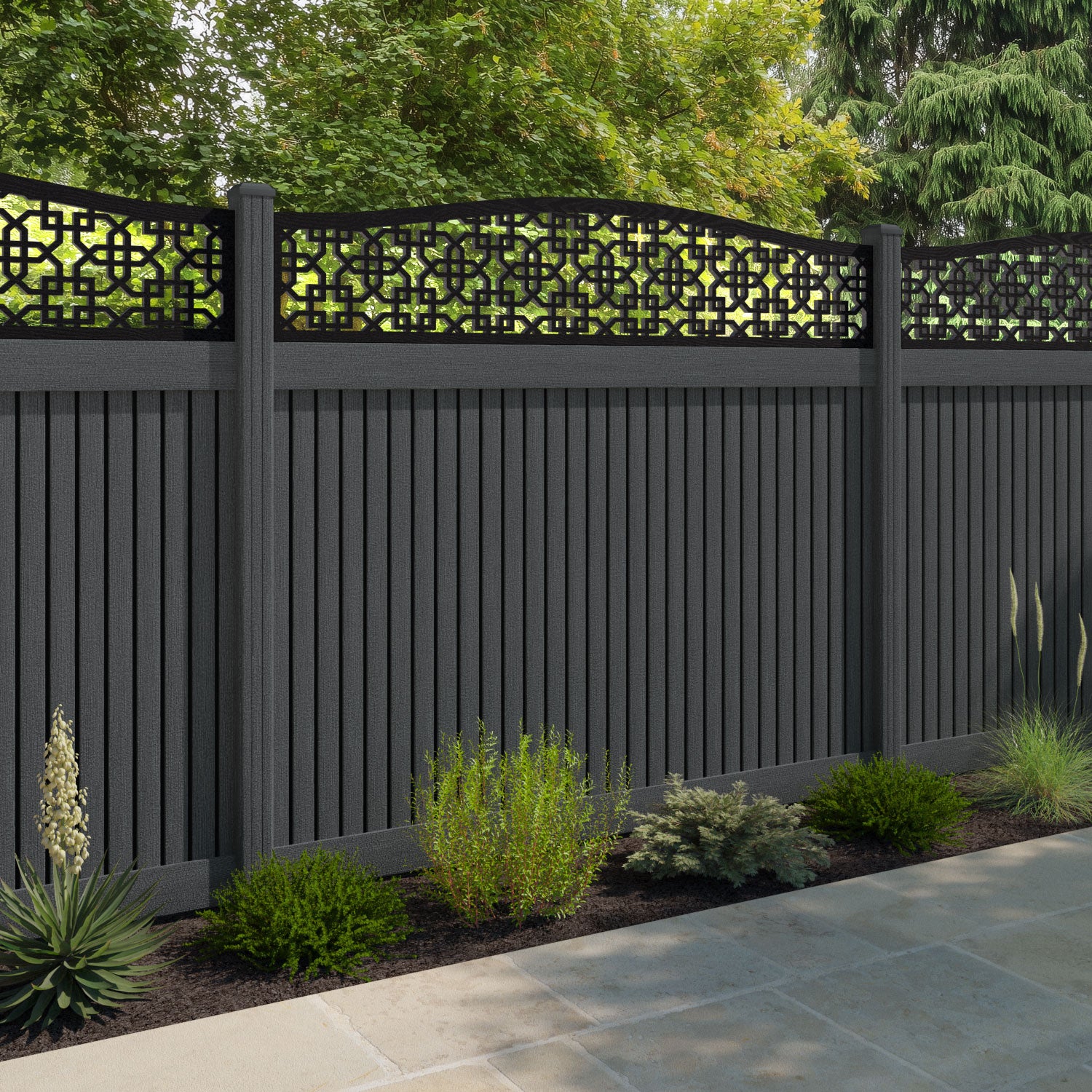 Virtis Zaria Curved Top Fence Panel - Dark Grey - with our composite posts