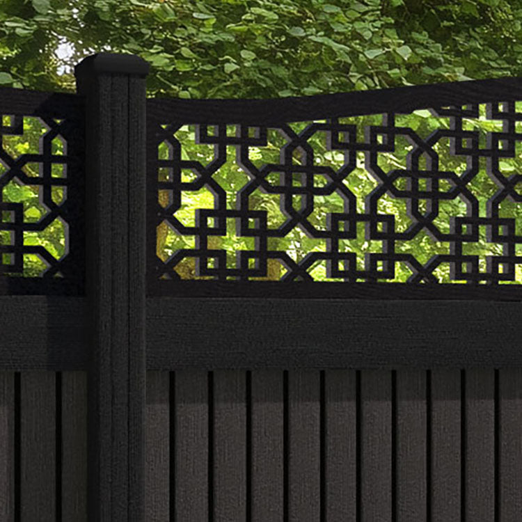 Virtis Zaria Curved Top Fence Panel - Dark Oak - with our aluminium posts