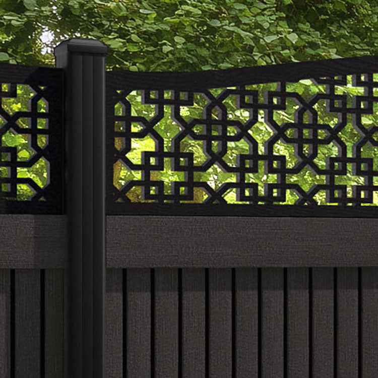 Virtis Zaria Curved Top Fence Panel - Dark Oak - with our aluminium posts
