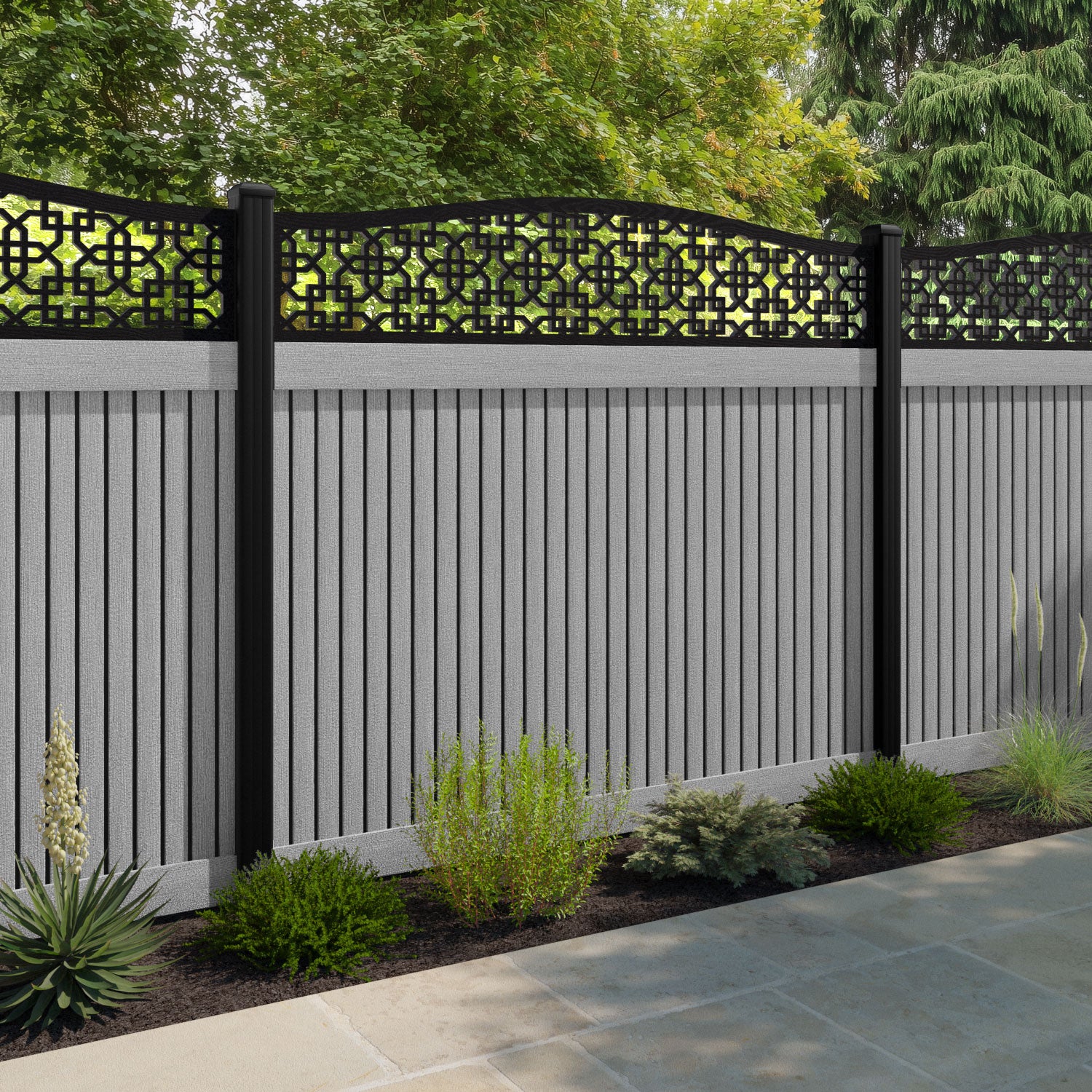 Virtis Zaria Curved Top Fence Panel - Light Grey - with our aluminium posts