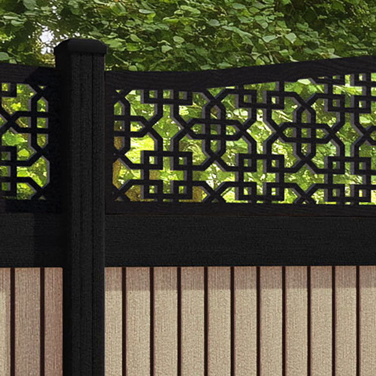 Virtis Zaria Curved Top Fence Panel - Light Oak - with our aluminium posts