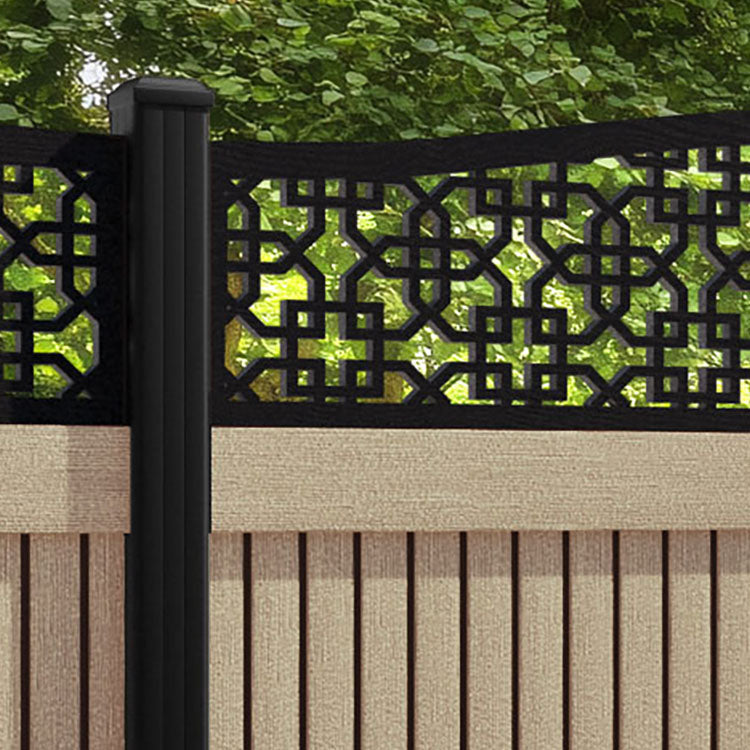 Virtis Zaria Curved Top Fence Panel - Light Oak - with our aluminium posts