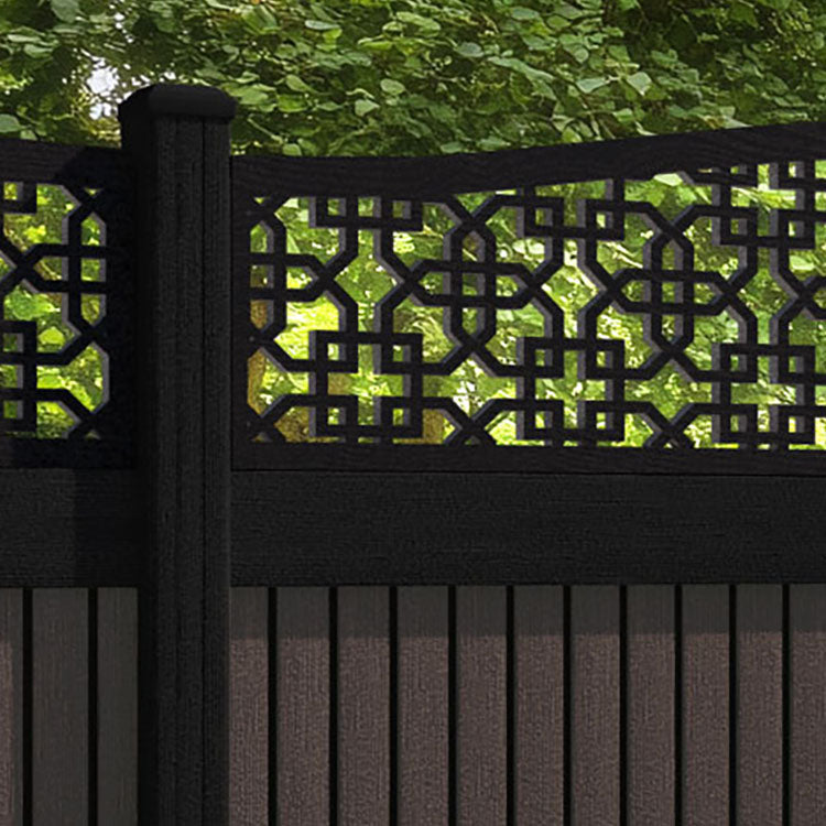 Virtis Zaria Curved Top Fence Panel - Mid Brown - with our aluminium posts