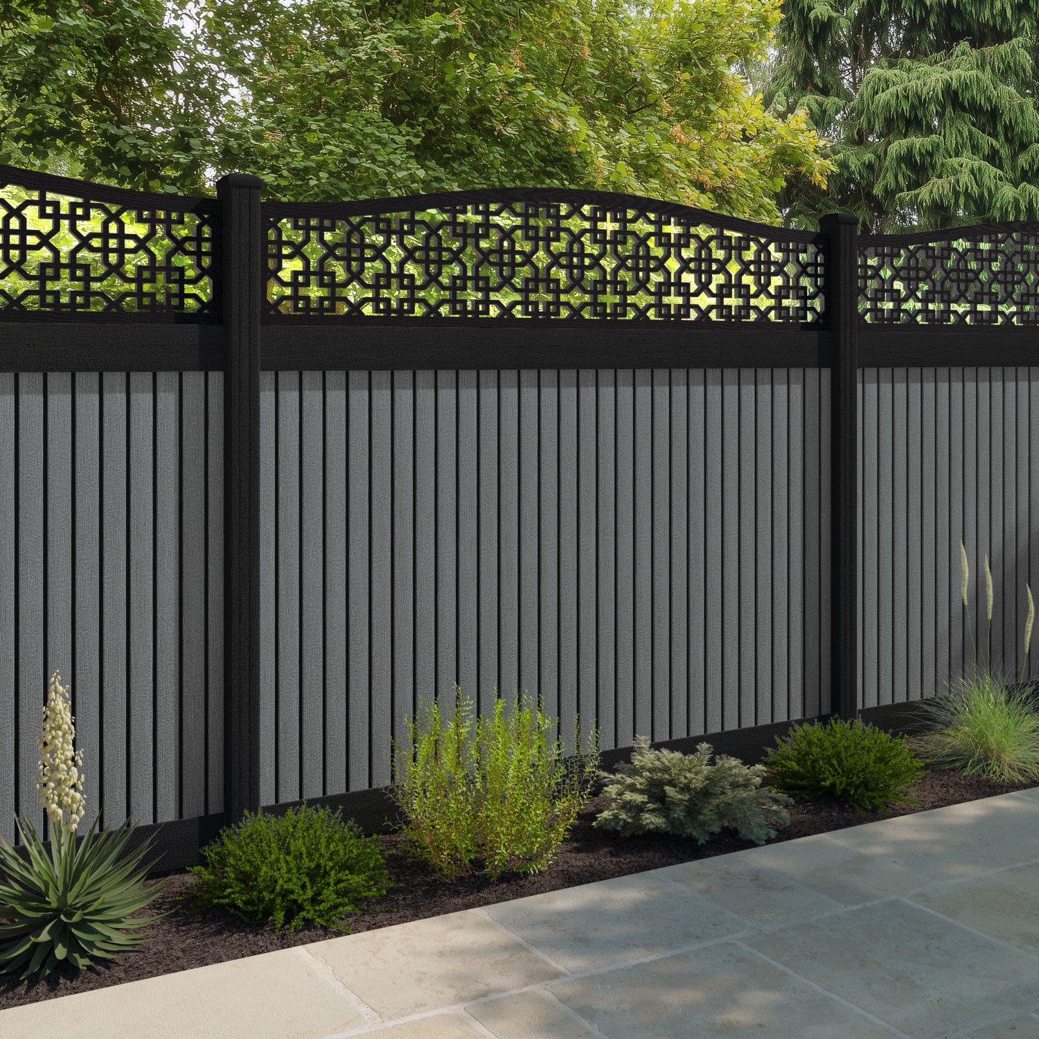 Virtis Zaria Curved Top Fence Panel - Mid Grey - with our aluminium posts