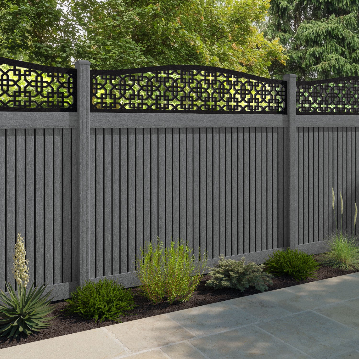 Virtis Zaria Curved Top Fence Panel - Mid Grey - with our composite posts